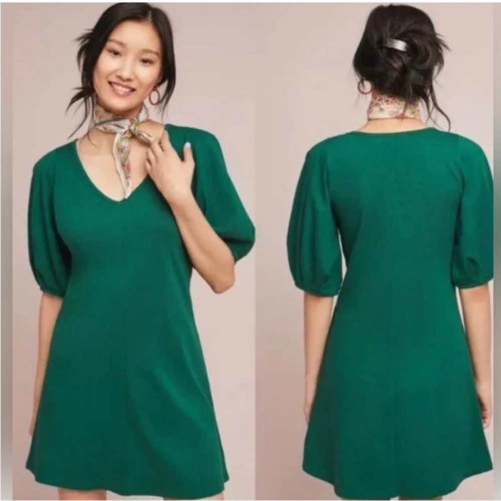 Anthropologie Velvet by Graham & Spencer Puff Sleeve Emerald Dress M Medium